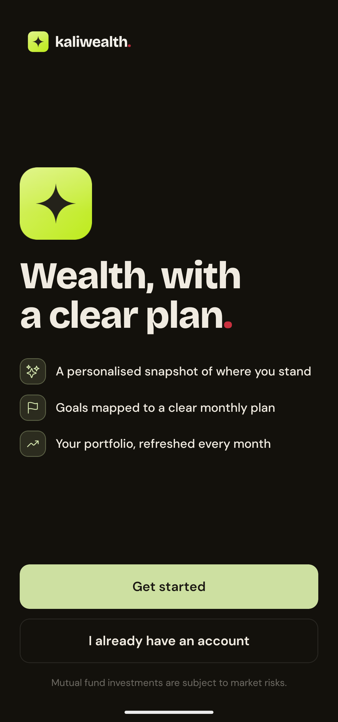 KaliWealth app demo — screen 1 of 17